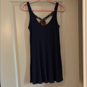 Navy Blue Sleeveless Dress with Floral Tie Back